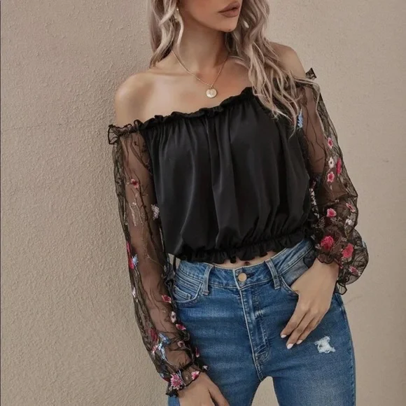 Boho floral mesh embroidered sleeve off shoulder blouse - Picture 6 of 8